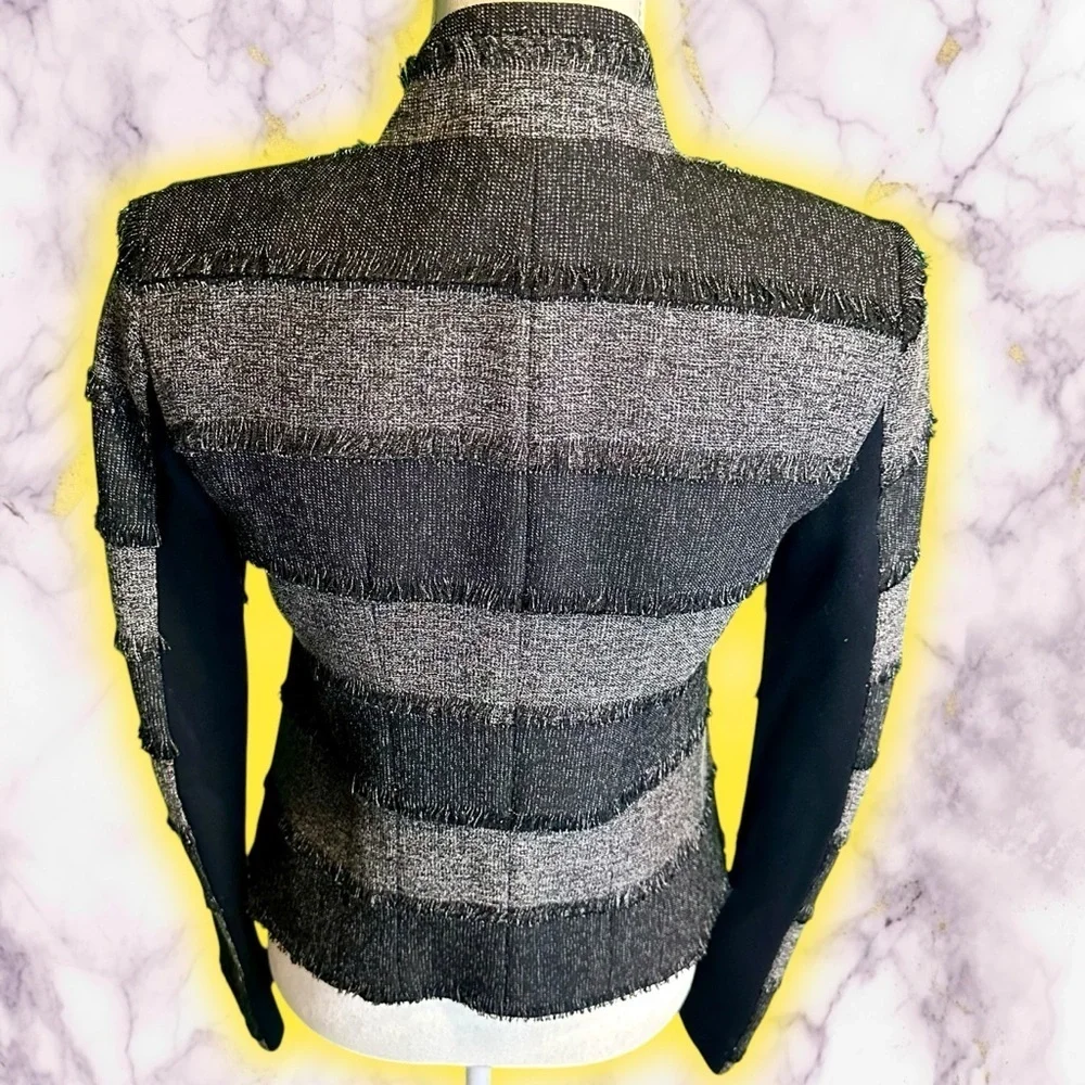 NWOT BCBGMaxAzria ‘Aubree’ Tweed Draped Front Jacket in Black & Gray Stripe XXS